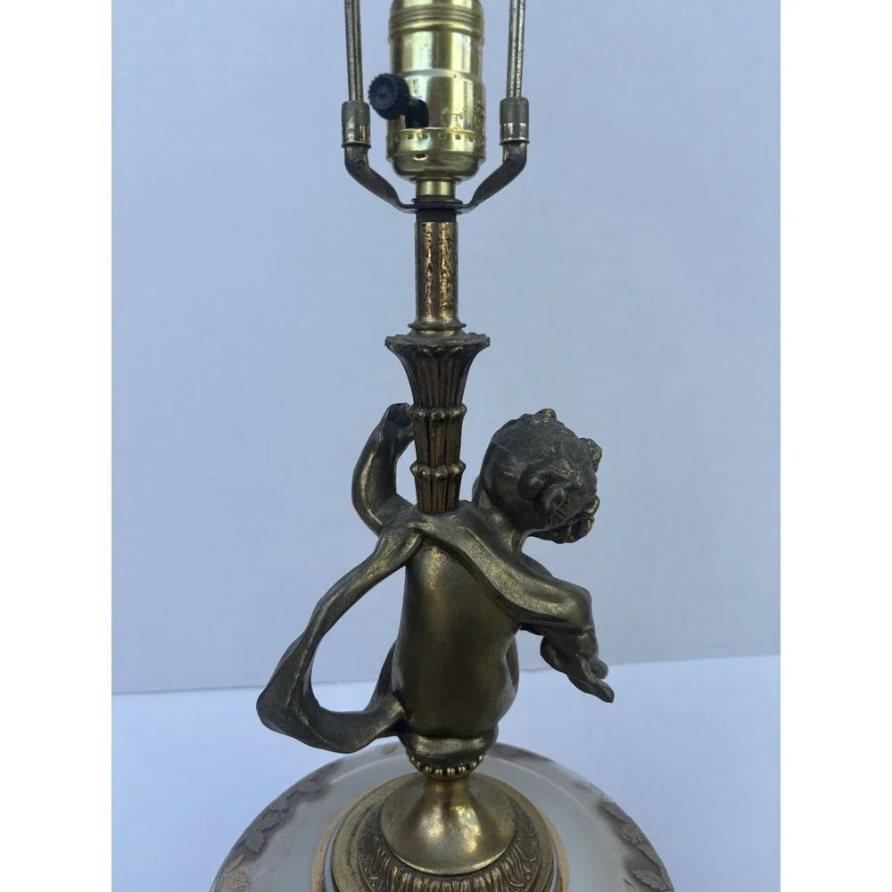 VTG MCM Hollywood Regency Brass Cherub Lamp Iridescent Glass Marble Base Tall